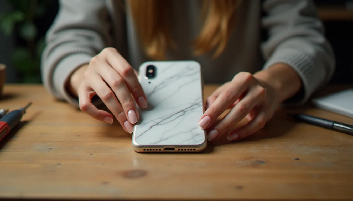 Technicienne posant une coque effet marbre blanc sur un smartphone, vue de près sur les mains et le mobile effetto marmo bianco