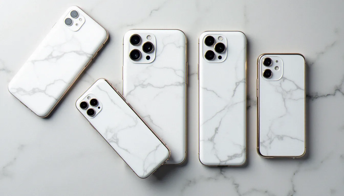 Sélection de smartphones compatibles avec des coques mobile effetto marmo bianco, vue de dessus sur fond gris béton
