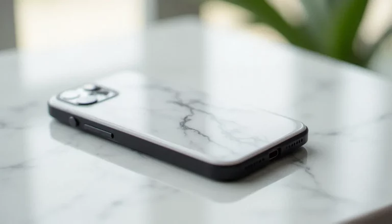 Smartphone avec coque mobile effetto marmo bianco posé sur une surface en marbre blanc, photographie produit professionnelle