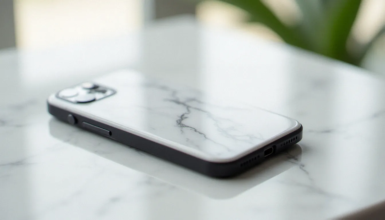 Smartphone avec coque mobile effetto marmo bianco posé sur une surface en marbre blanc, photographie produit professionnelle