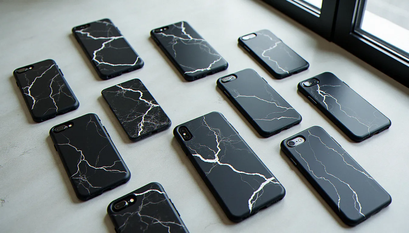 Collection de coques mobile effetto marmo nero aux motifs de veinures variés, disposées en flat lay sur une surface béton claire