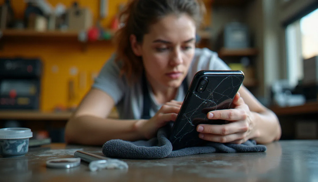 Technicienne nettoyant délicatement une coque mobile effetto marmo nero avec un chiffon microfibre dans un atelier de réparation smartphone