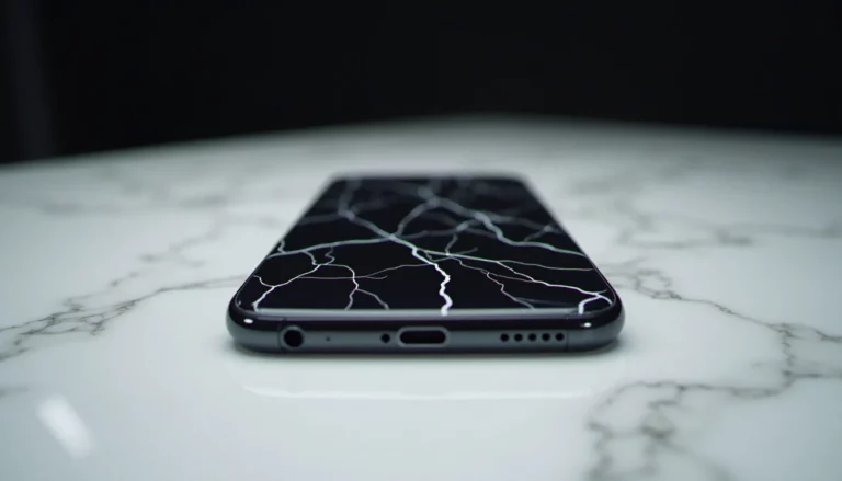 Smartphone avec coque mobile effetto marmo nero posé sur une surface en marbre blanc, veinures noires et blanches apparentes, éclairage studio