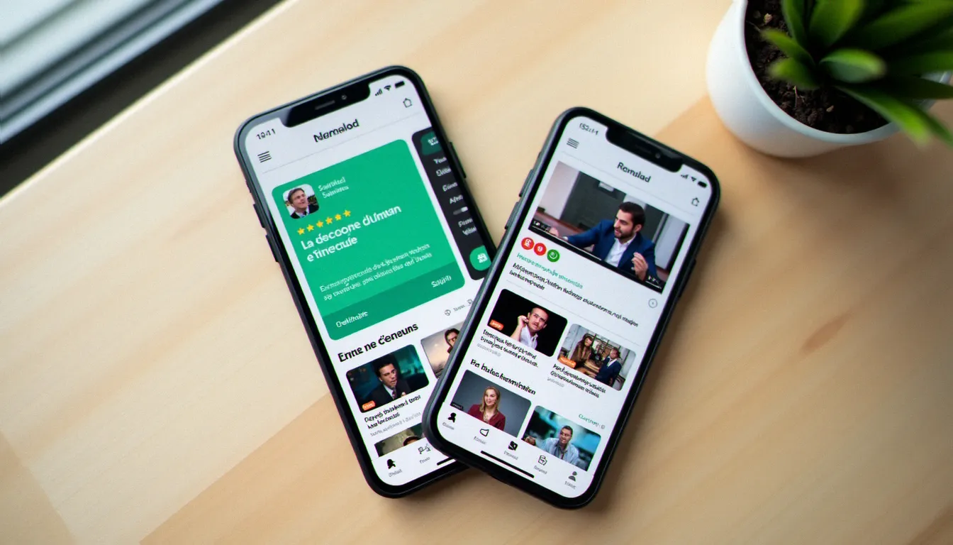 Deux smartphones posés sur un bureau montrant respectivement le téléchargement et l'interface d'une application d'information française sur mobile