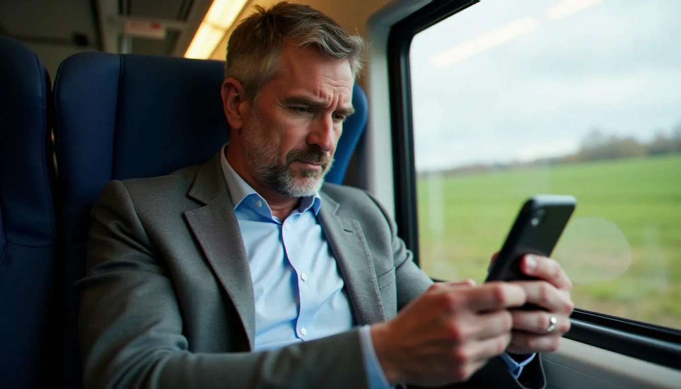 Un homme d'affaires regardant mobile France TV Info en direct sur son smartphone dans un train en mouvement, illustrant la liberté d'accès à l'information en déplacement