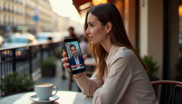 Une femme consultant mobile France TV Info sur son smartphone dans un café, le flux direct d'une chaîne d'information visible sur l'écran