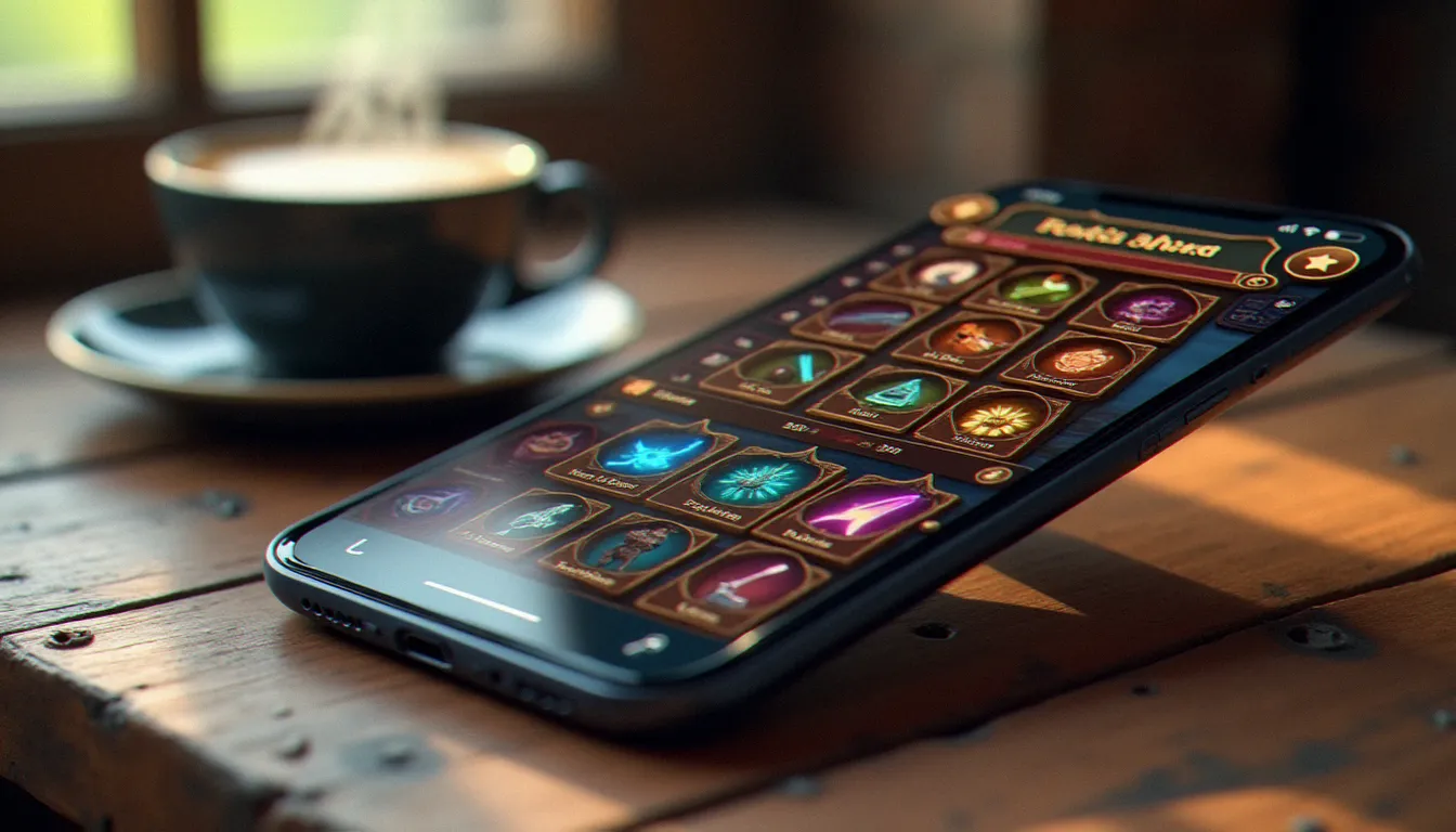Écran de smartphone montrant l'interface d'un jeu mobile de gestion de boutique RPG similaire à Recettear, avec inventaire d'objets et système de crafting coloré