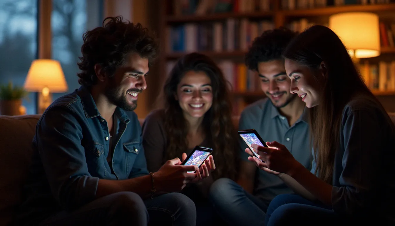 Trois amis comparant leurs mobile games like Recettear sur smartphone dans un salon moderne, chacun gérant sa boutique RPG virtuelle en discutant stratégie