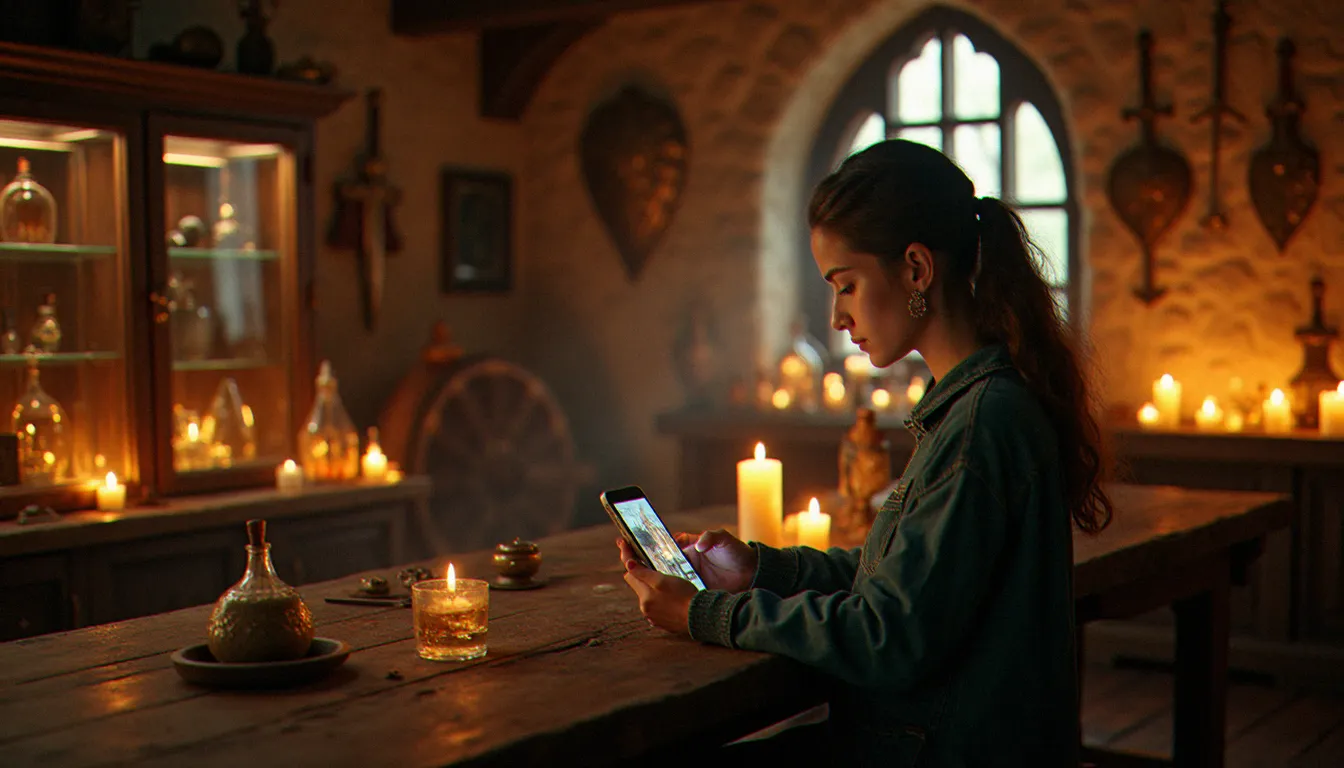 Une femme jouant à un mobile game like Recettear sur smartphone dans une boutique médiévale-fantastique décorée d'objets magiques et de potions lumineuses