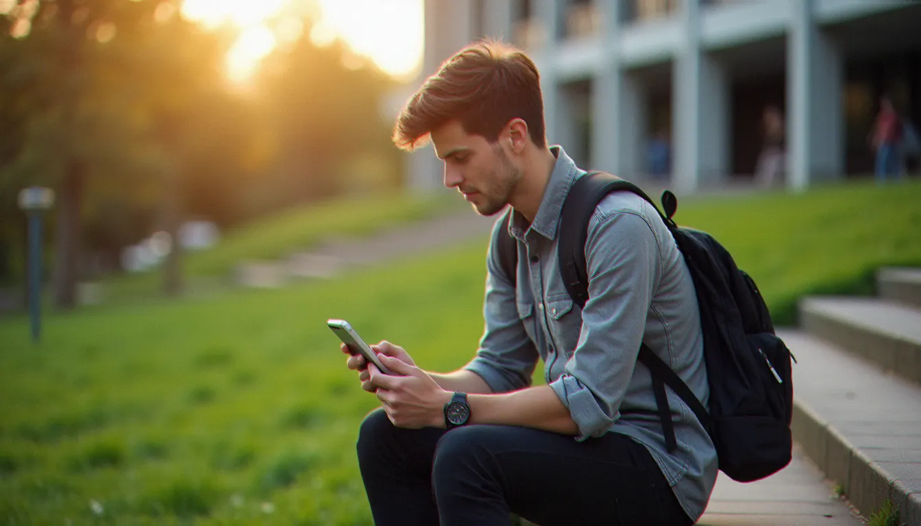 Étudiant consultant le calendrier Canvas Student sur son iPhone en extérieur sur un campus universitaire moderne