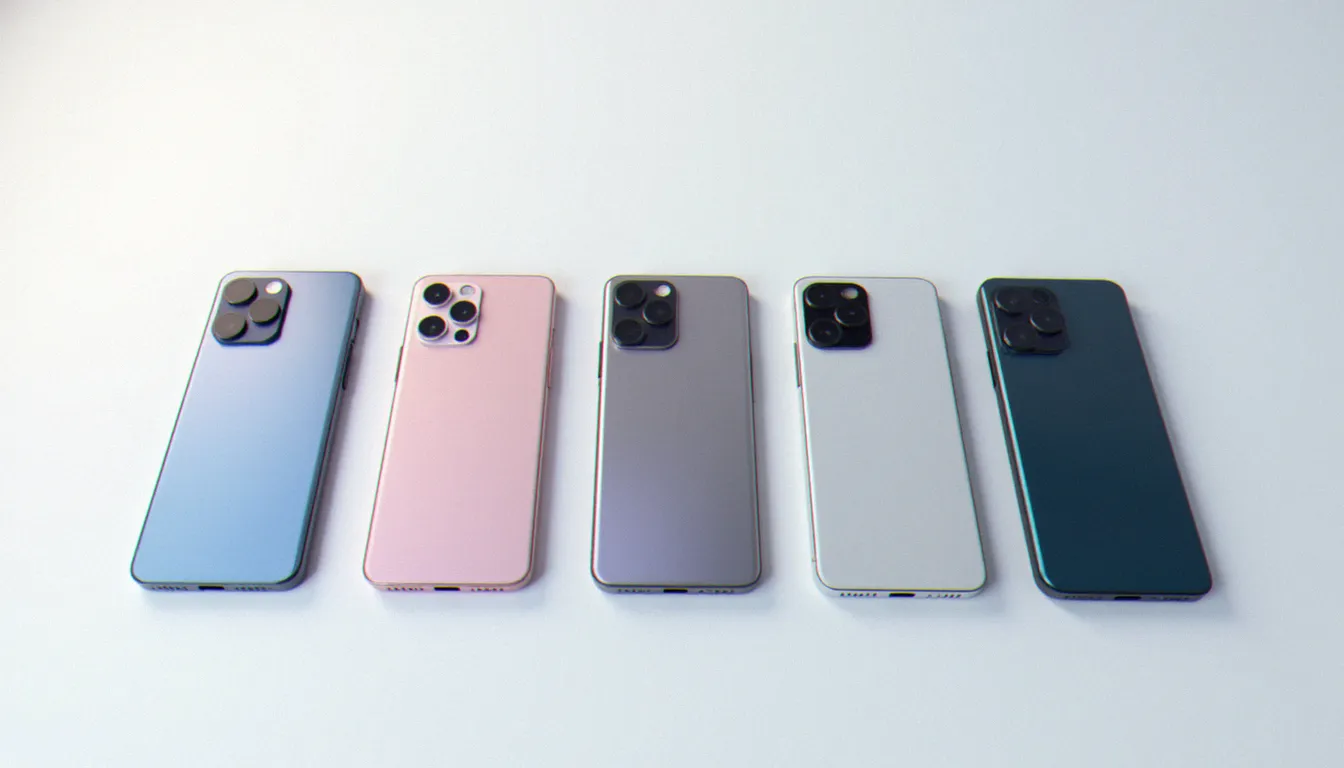 Comparatif de cinq smartphones haut de gamme posés côte à côte, modules photo visibles, pour choisir le meilleur appareil photo mobile