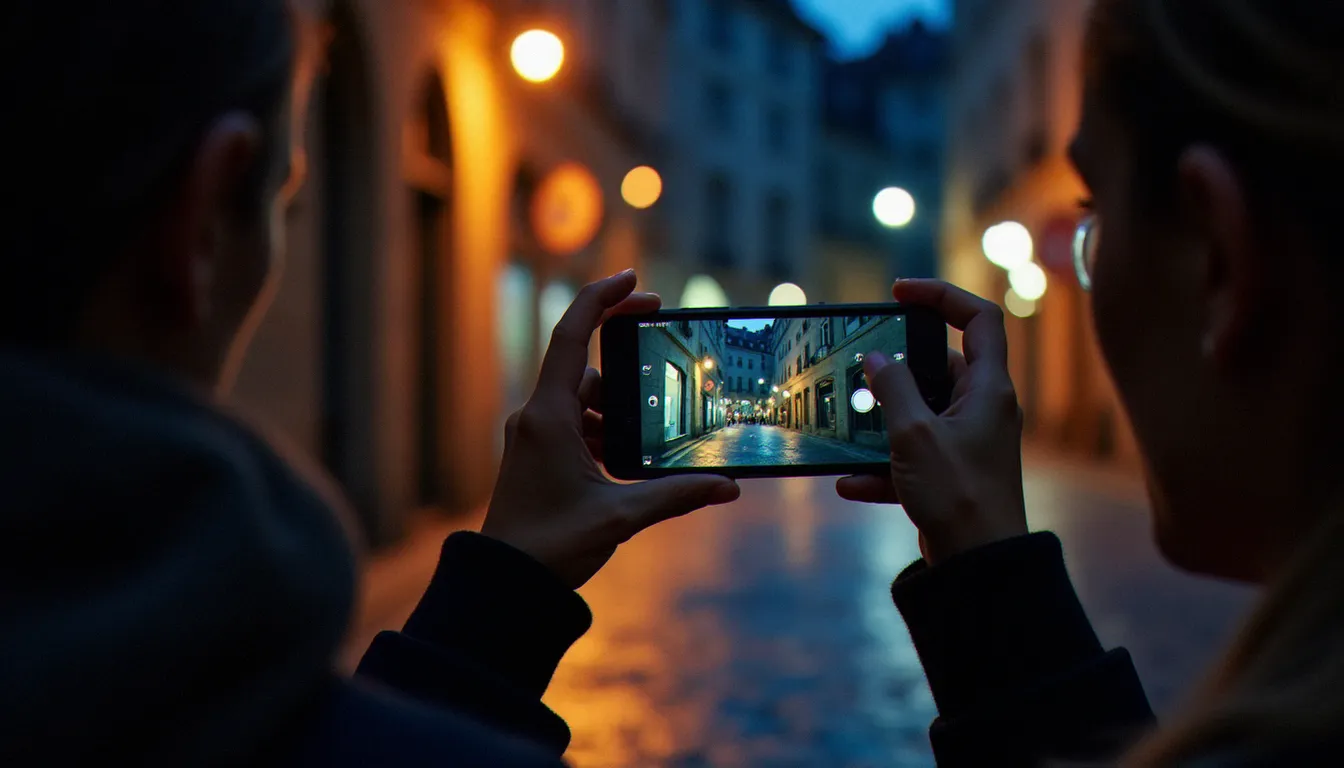 Femme photographiant une rue de nuit avec son smartphone, illustrant les performances nocturnes d'un mobile meilleur appareil photo