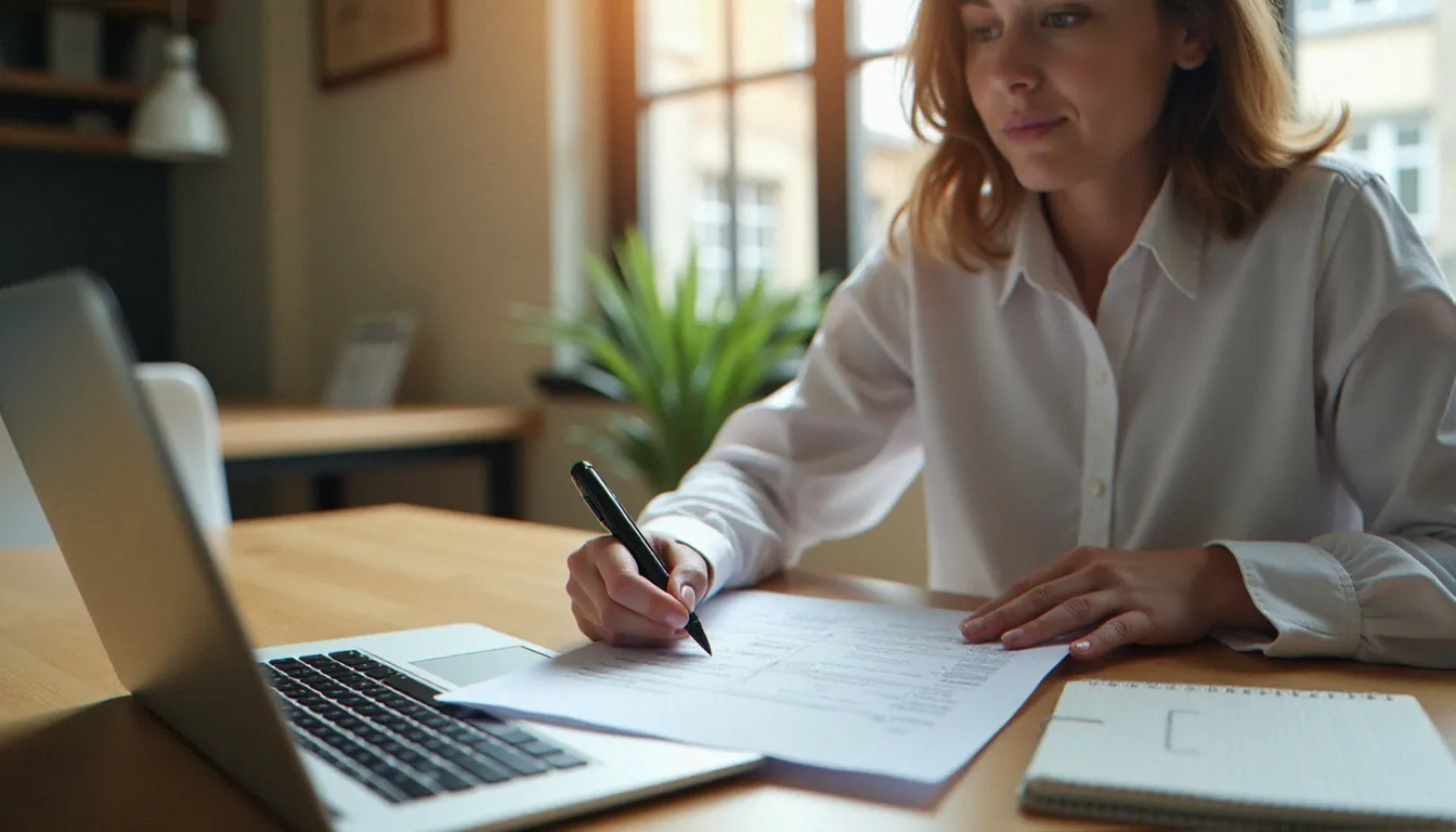 Une femme lisant attentivement un contrat de forfait mobile à son bureau, symbole de la comparaison rigoureuse des offres opérateurs
