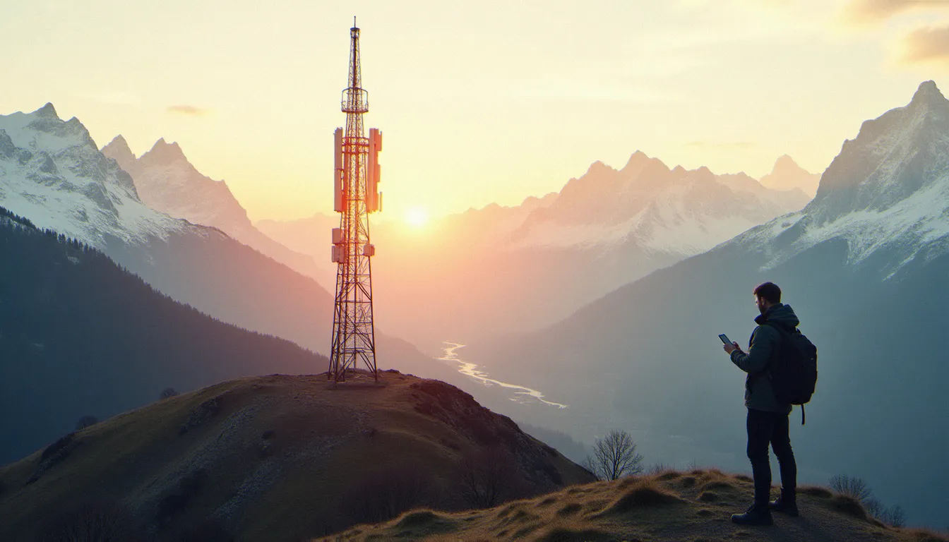 Antenne réseau mobile en montagne près de Grenoble avec une personne vérifiant la couverture sur son téléphone, illustrant l'importance de la couverture réseau dans le choix d'un forfait