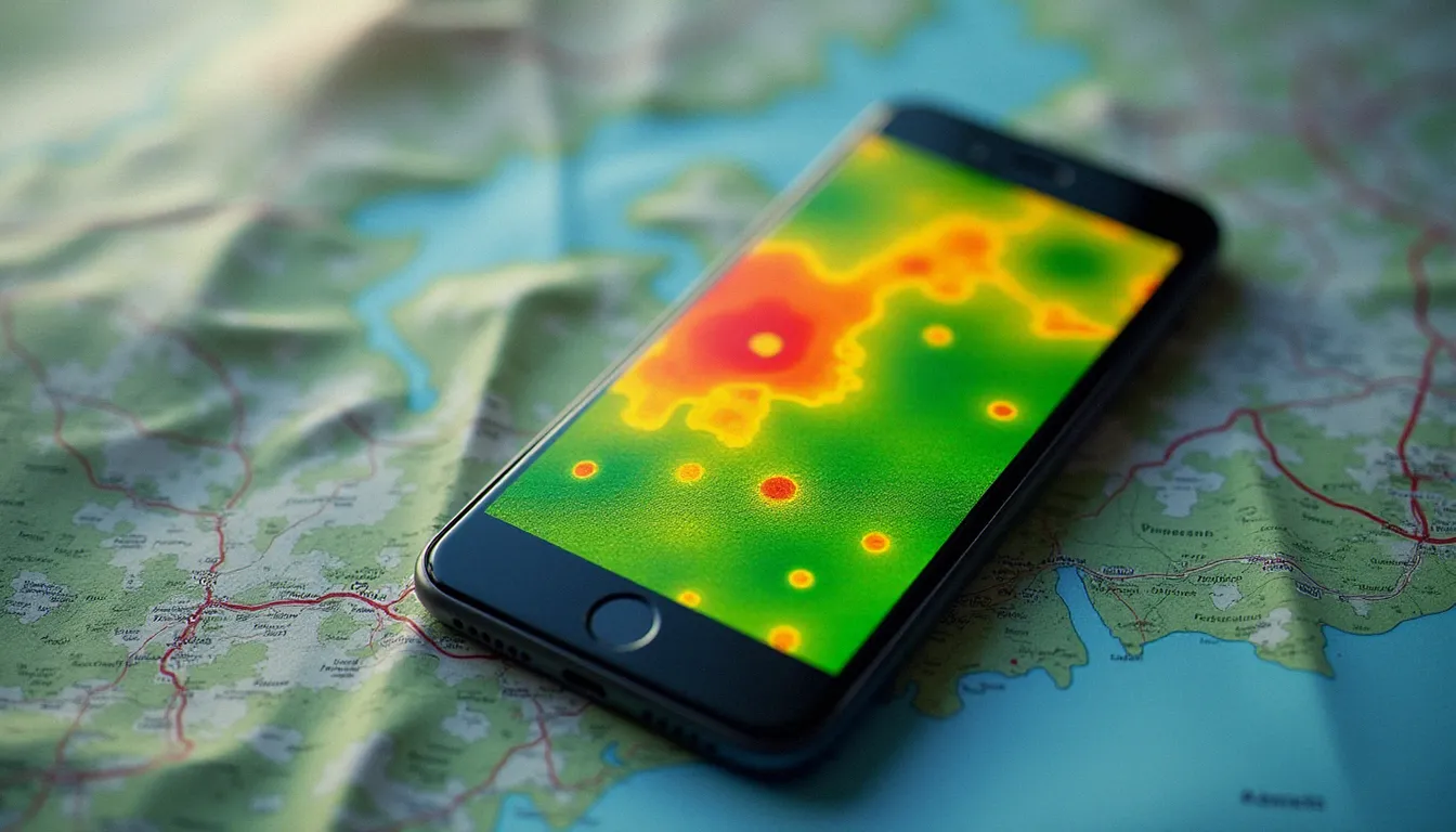 Un smartphone posé sur une carte topographique alpine affichant une carte de couverture réseau, illustrant l'importance de la qualité du signal pour choisir son forfait mobile