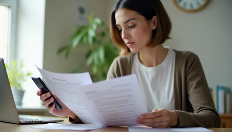 Une femme comparant des forfaits mobiles sur son smartphone et des documents imprimés, symbolisant la recherche du mobile meilleur forfait