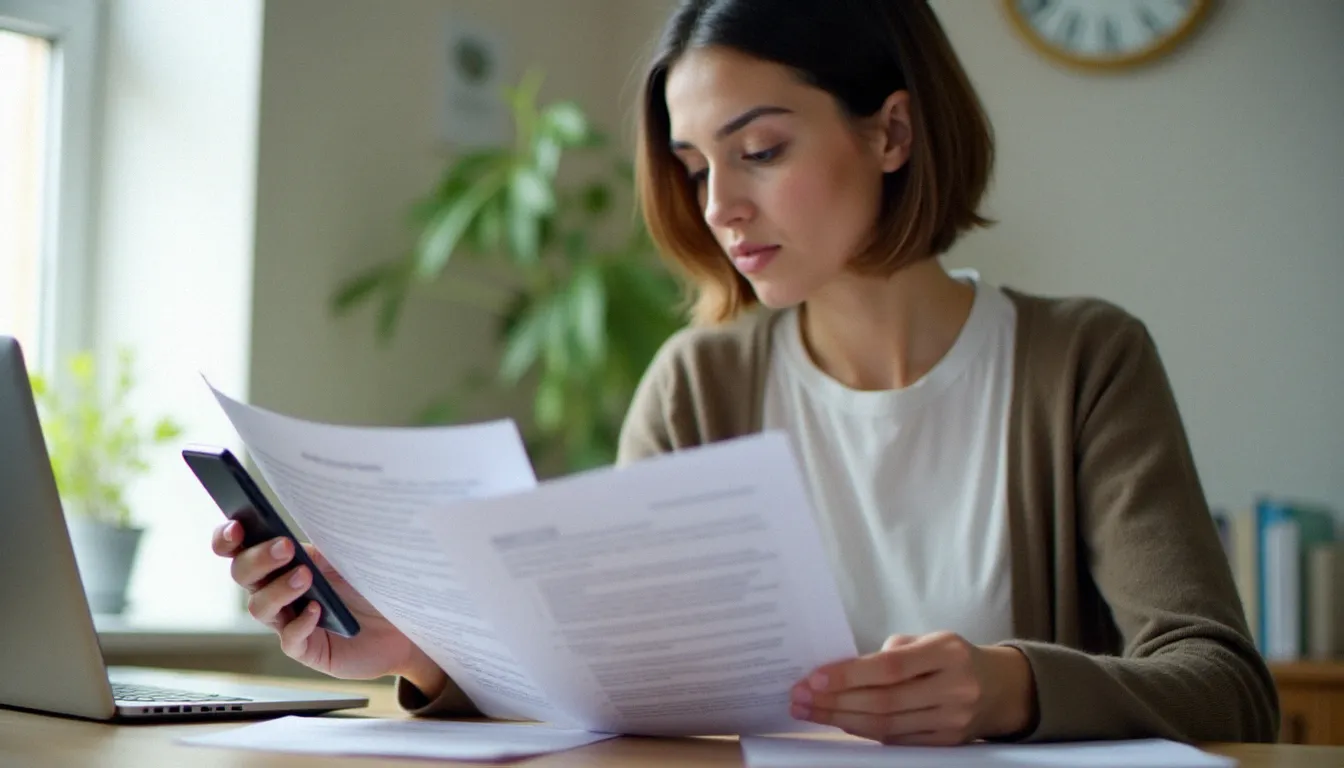 Une femme comparant des forfaits mobiles sur son smartphone et des documents imprimés, symbolisant la recherche du mobile meilleur forfait