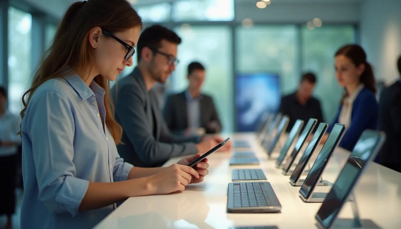 Une technicienne mobile compare plusieurs smartphones en vitrine pour identifier le mobile avec la meilleure offre qualité-prix