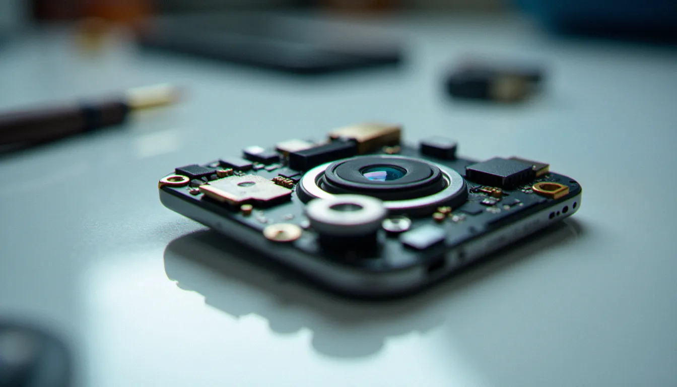Module caméra principale d'un smartphone démonté sur un établi technique, révélant les composants optiques et le capteur CMOS