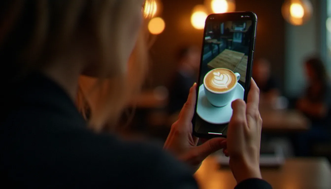 Mains tenant un smartphone en mode photo dans un café peu éclairé, démontrant l'efficacité de la stabilisation optique en basse lumière