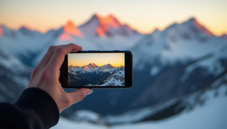 Main tenant un smartphone haut de gamme photographiant les Alpes enneigées, illustrant le concept de mobile meilleur photo en conditions réelles