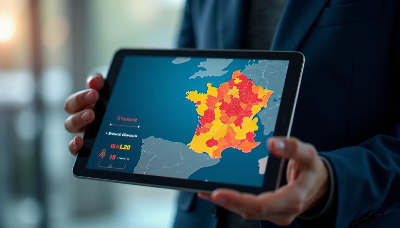 Carte de couverture des réseaux mobiles 4G et 5G en France sur une tablette, illustrant l'évaluation comparative des réseaux mobiles entre opérateurs