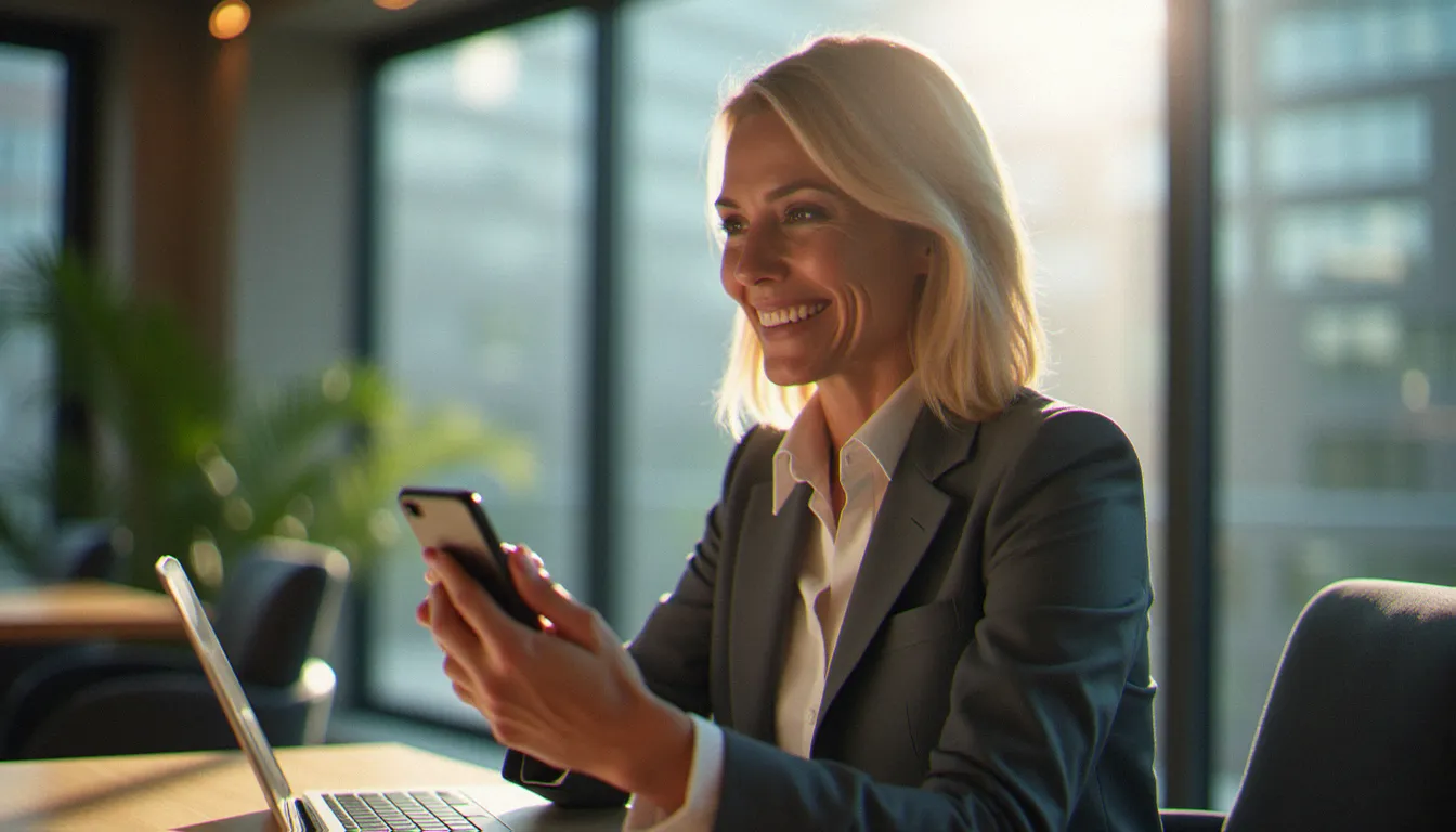 Une professionnelle en visioconférence sur smartphone dans un espace de coworking moderne, bénéficiant d'un réseau mobile de qualité pour ses usages numériques quotidiens