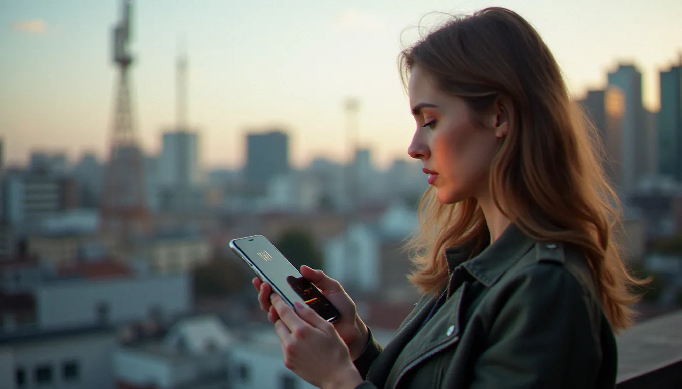 Une femme tenant un smartphone affichant la force du réseau mobile dans un environnement urbain français, illustrant la recherche du mobile meilleur réseau