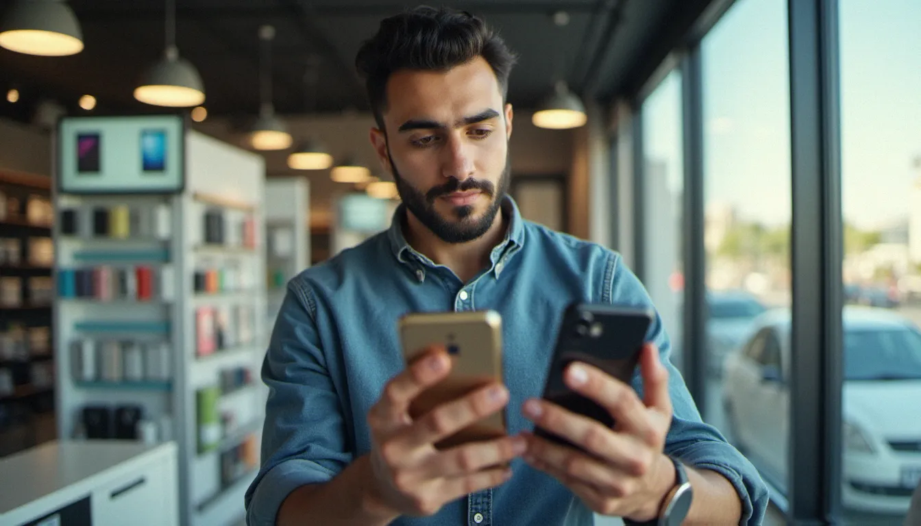 Jeune homme algérien comparant deux modèles de smartphones dans une boutique éclairée en lumière naturelle, illustrant le processus de comparaison des prix mobiles sur le marché algérien