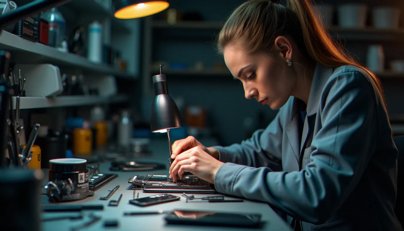 Technicienne mobile en atelier de réparation démontant un smartphone avec des outils de précision sous une lampe loupe, symbolisant les débouchés professionnels dans la réparation mobile en Algérie