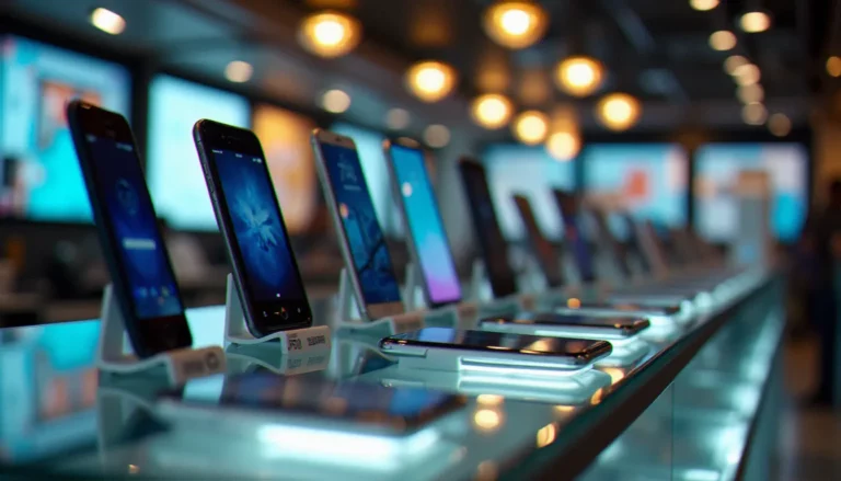 Vitrine d'une boutique de smartphones à Alger présentant différents modèles avec étiquettes de prix en dinars algériens, illustrant la diversité des mobile prix Algérie