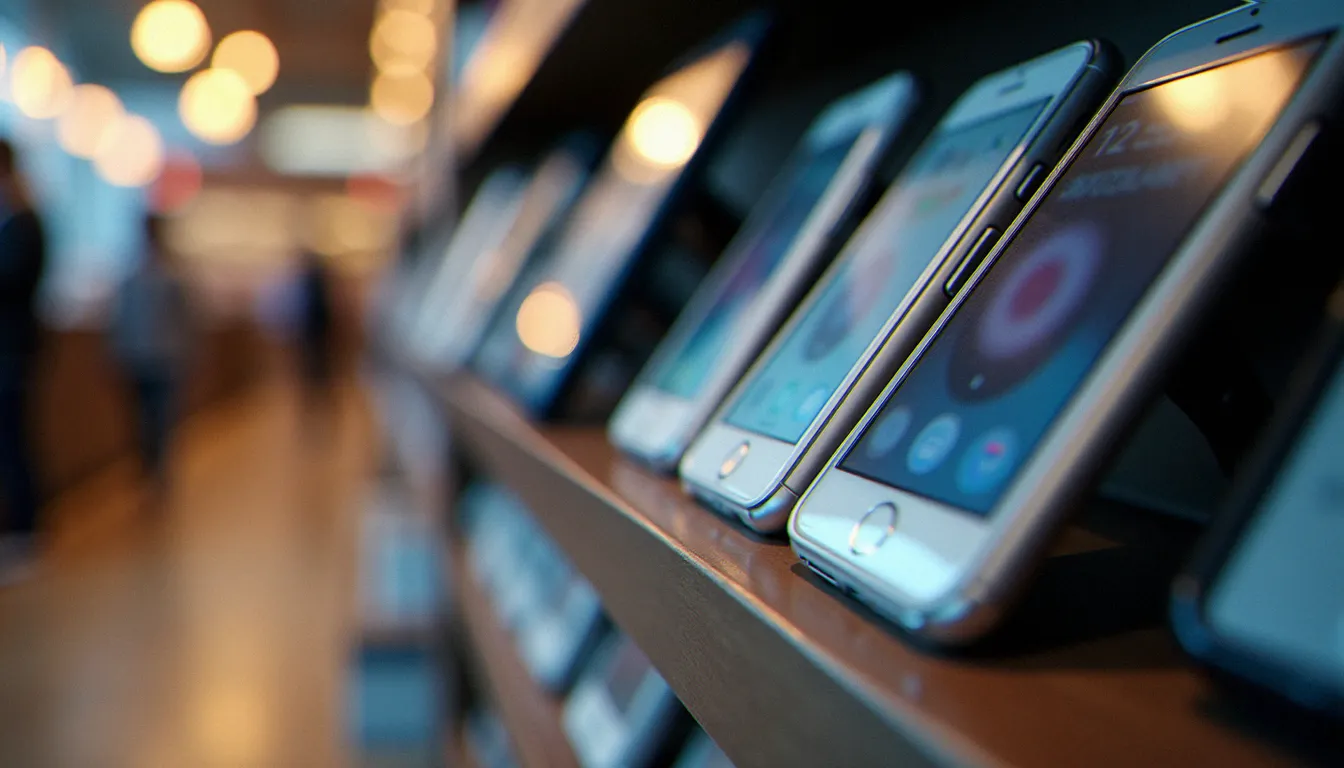 Étiquettes de prix de mobiles sur un présentoir de magasin, plusieurs smartphones alignés représentant différentes tranches tarifaires