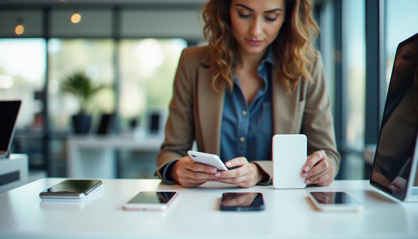 Comparaison de mobiles prix dans une boutique moderne, femme technicienne évaluant plusieurs smartphones sur un comptoir éclairé naturellement