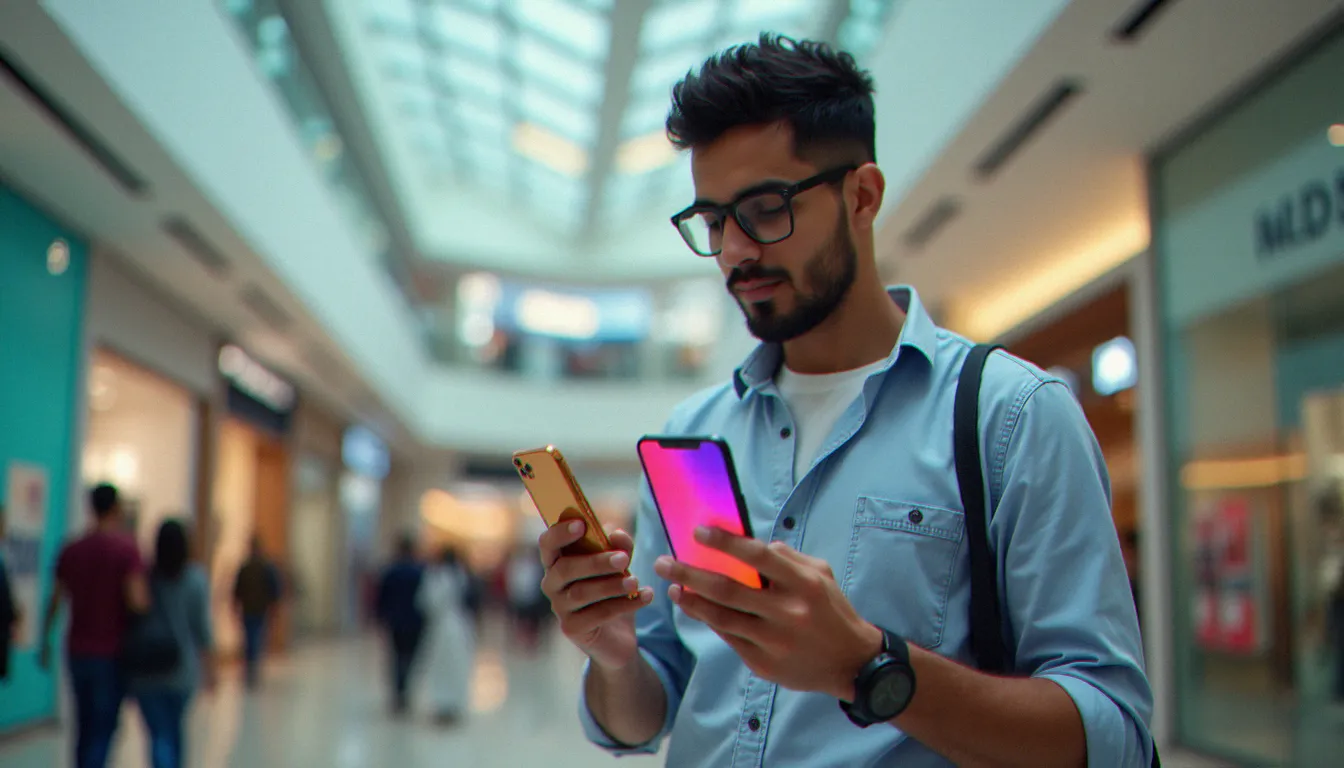 Un acheteur tunisien comparant les caractéristiques et les prix de deux modèles de smartphones dans un centre commercial de Tunis