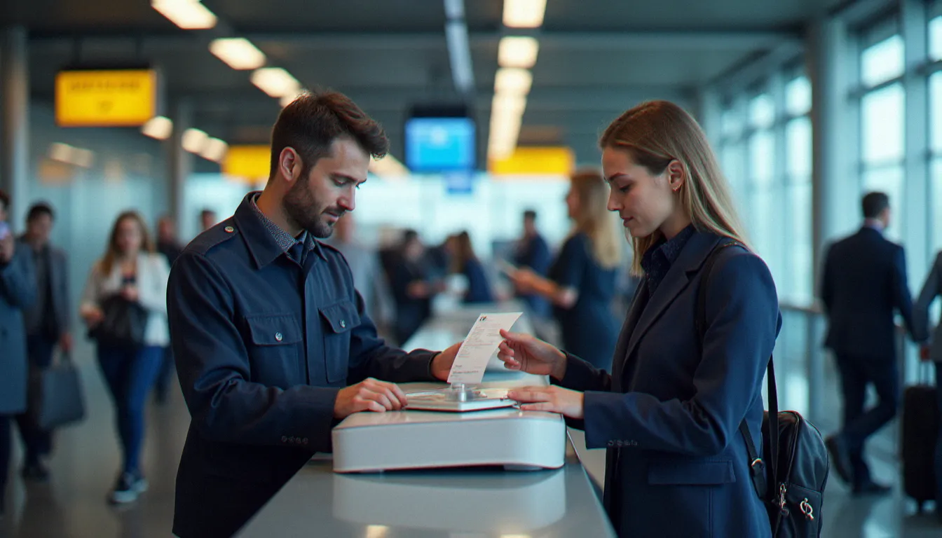 Un agent des douanes françaises à l'aéroport vérifiant la facture d'un smartphone acheté en Tunisie lors du passage à la frontière