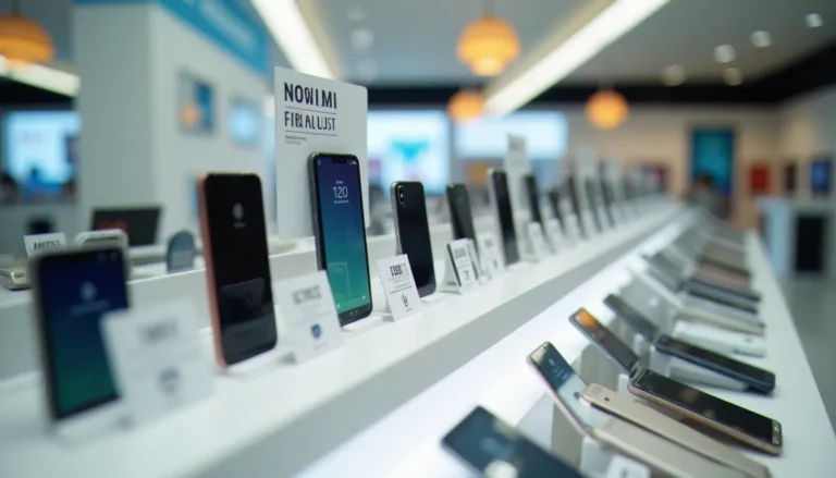 Rangée de smartphones neufs exposés sur des étagères blanches dans une boutique mobile tunisienne, avec étiquettes de prix en dinars affichant le mobile prix Tunisie