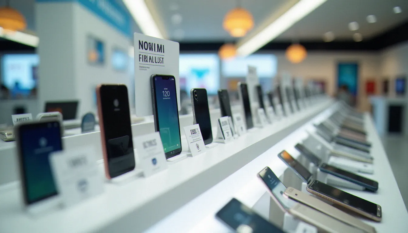 Rangée de smartphones neufs exposés sur des étagères blanches dans une boutique mobile tunisienne, avec étiquettes de prix en dinars affichant le mobile prix Tunisie