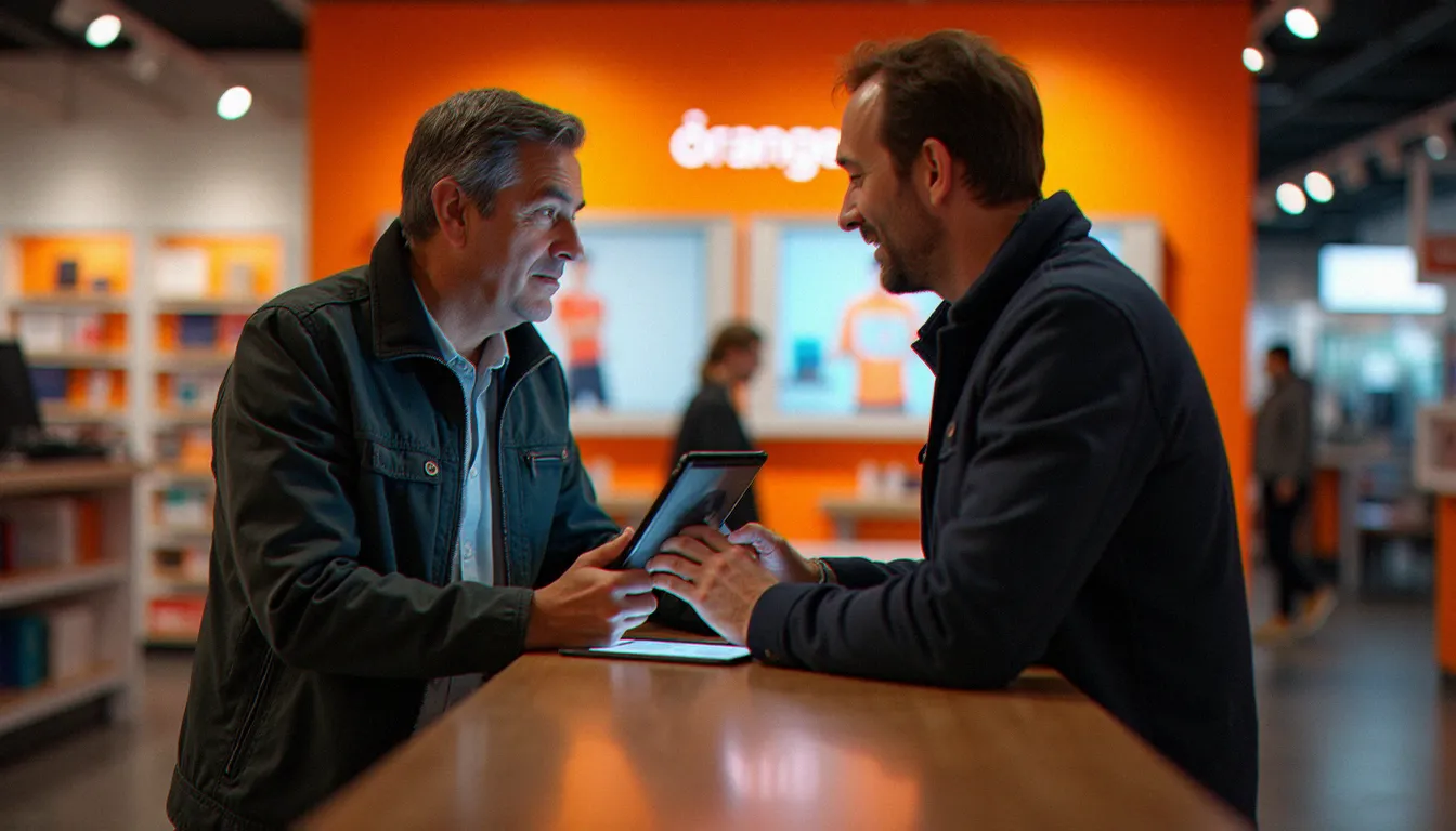 Client en train de souscrire à un forfait mobile sans engagement dans une boutique Orange avec un conseiller