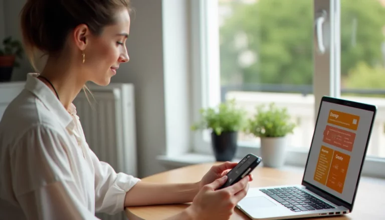 Femme consultant les offres de mobile sans engagement Orange sur un ordinateur portable dans un appartement lumineux