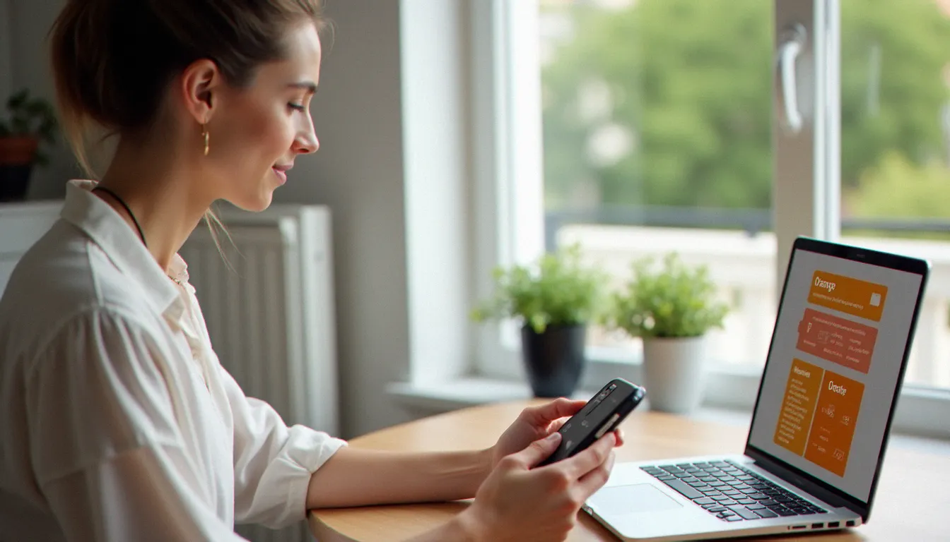 Femme consultant les offres de mobile sans engagement Orange sur un ordinateur portable dans un appartement lumineux