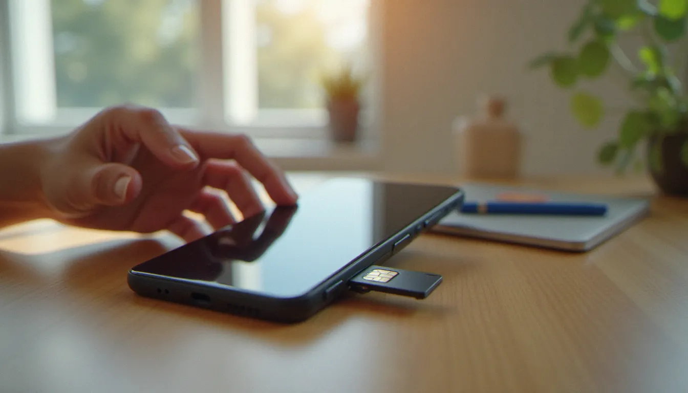 Main tenant un smartphone déverrouillé avec tiroir SIM éjecté, illustrant l'utilisation d'un mobile sans forfait Orange