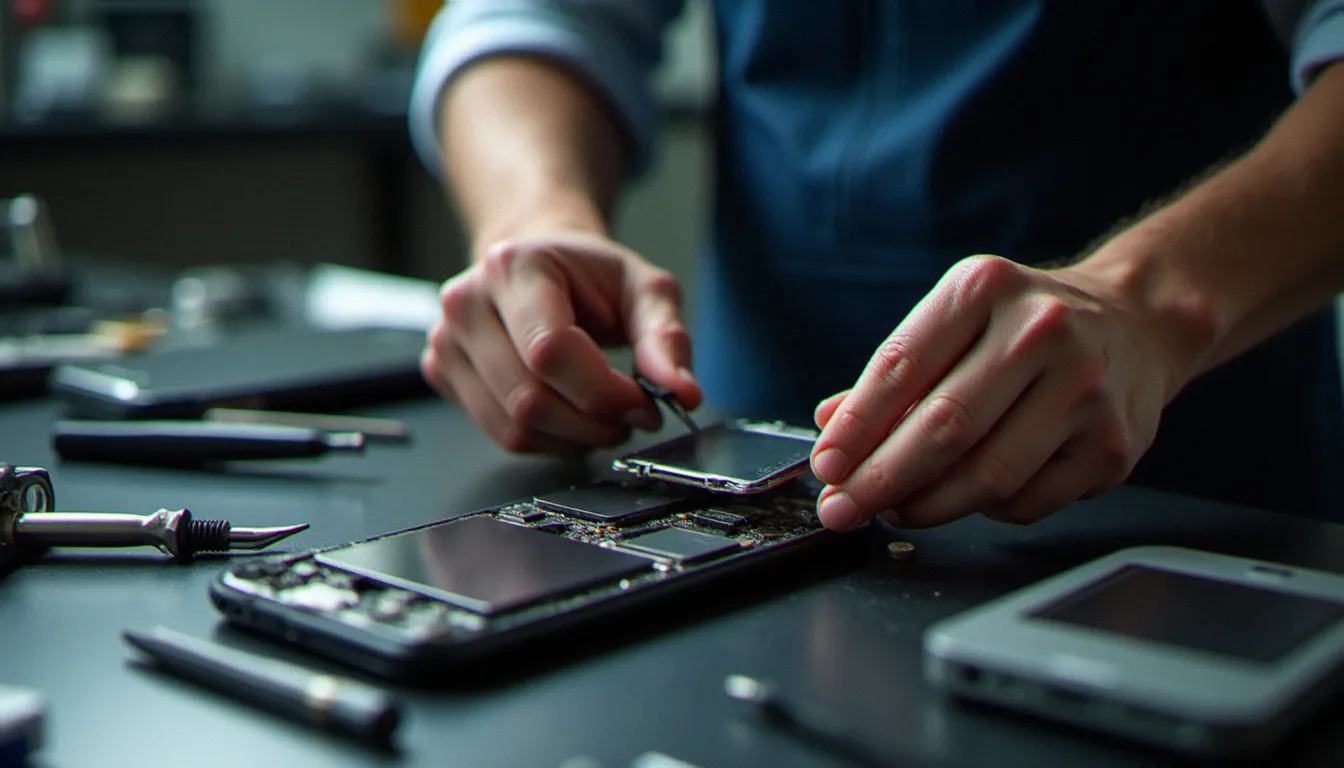 Technicien effectuant un diagnostic de carte SIM sur un smartphone pour identifier une panne internet mobile
