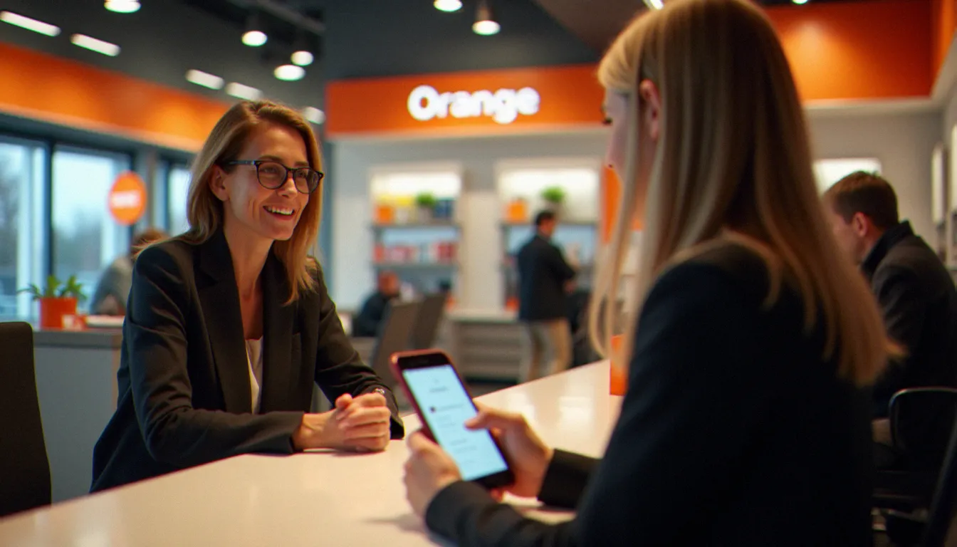 Cliente en consultation dans une boutique Orange pour résoudre un problème de connexion internet sur son mobile