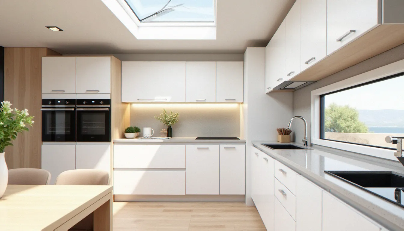 Intérieur contemporain d'un mobil home milieu de gamme avec cuisine entièrement équipée, illustrant les équipements et finitions qui influencent le prix d'un mobil home