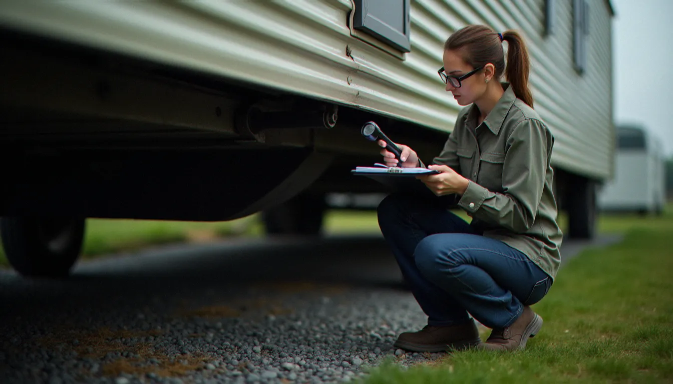 Technicienne réalisant une inspection sous-châssis d'un mobil home d'occasion avec lampe professionnelle et prise de notes, démarche indispensable pour évaluer le prix réel d'un mobil home avant achat