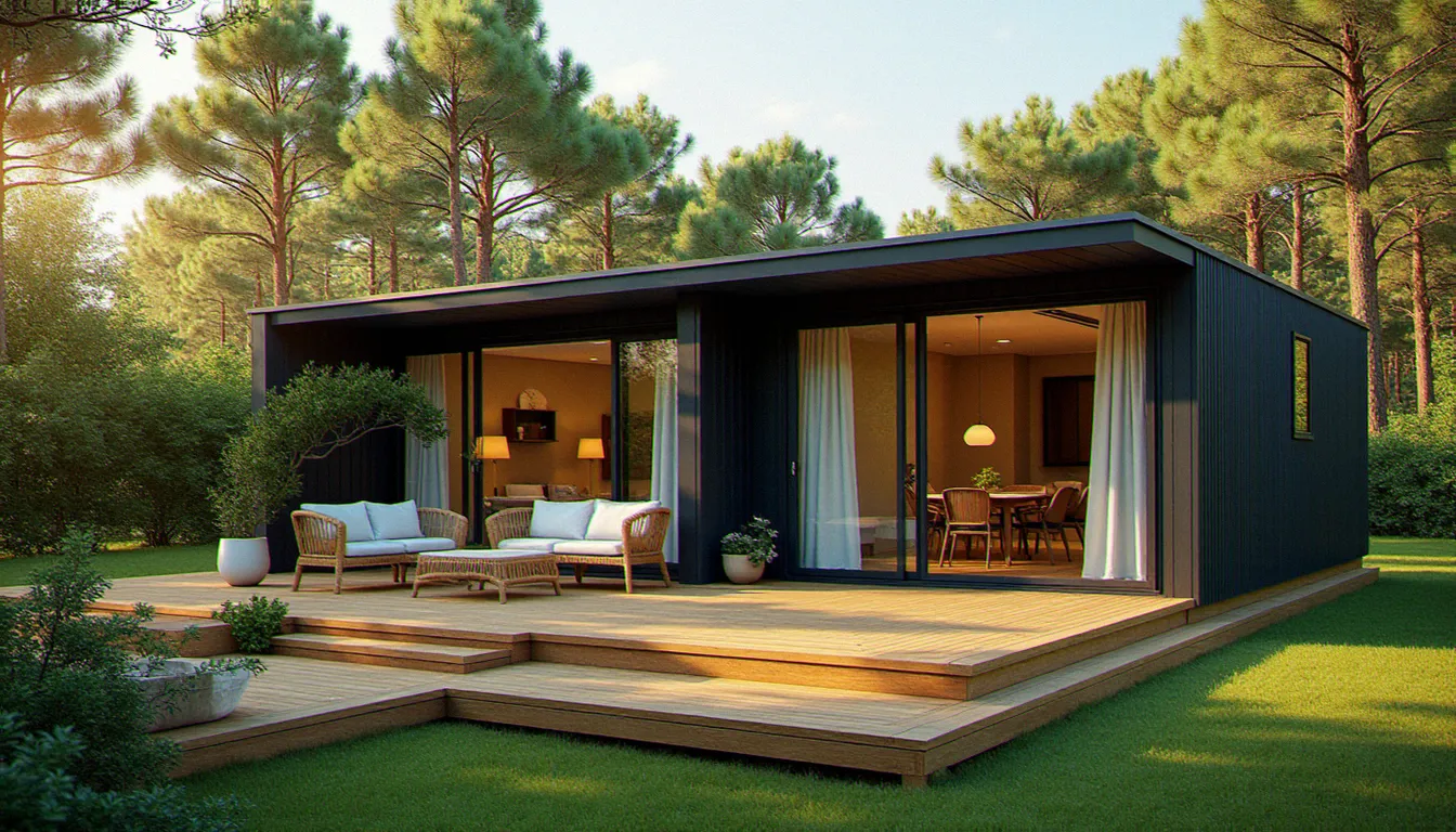 Mobil home haut de gamme avec terrasse en bois et grandes baies vitrées dans un camping forestier français, illustrant les différentes gammes de prix mobil home en 2026