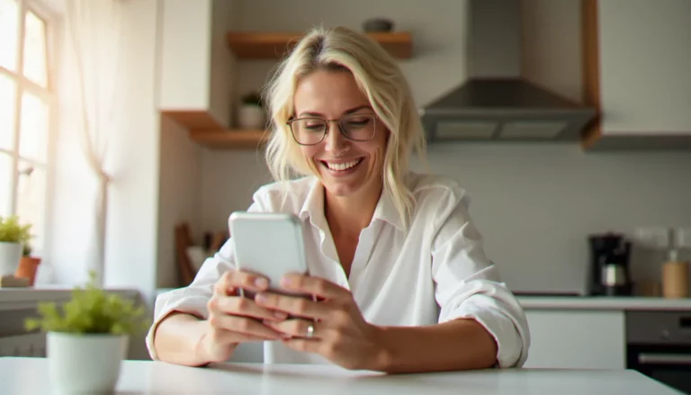 Une femme souriant en rechargeant son forfait Réglo Mobile depuis son smartphone dans sa cuisine, illustrant la méthode de recharge mobile en ligne