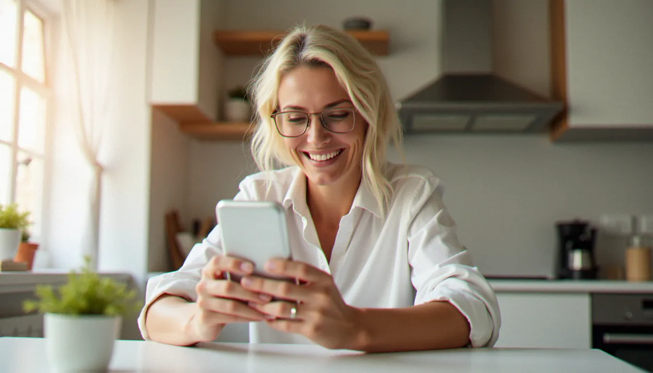 Une femme souriant en rechargeant son forfait Réglo Mobile depuis son smartphone dans sa cuisine, illustrant la méthode de recharge mobile en ligne