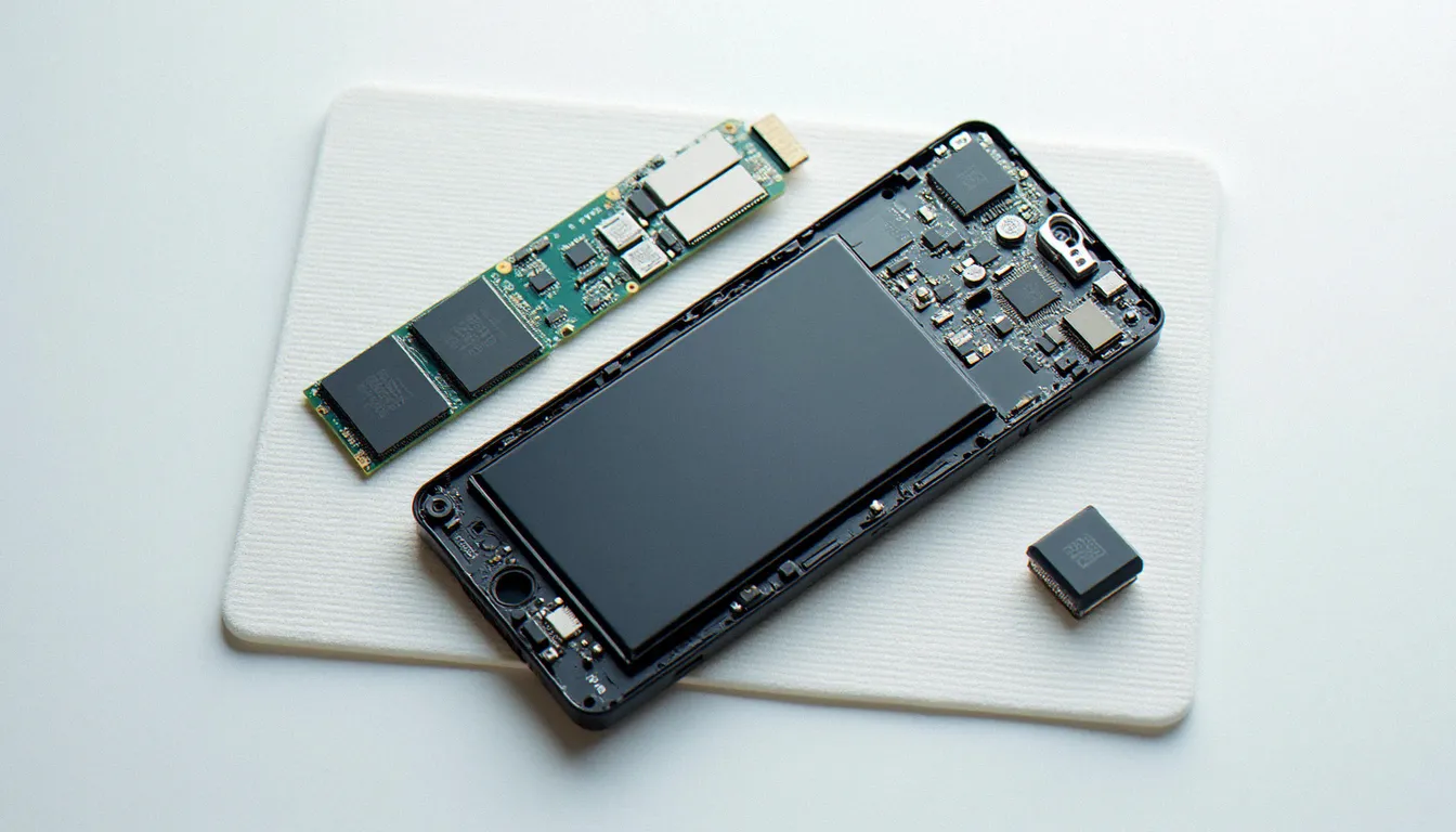 Vue rapprochée des composants internes d'un smartphone milieu de gamme : processeur, batterie et carte mère sur tapis antistatique