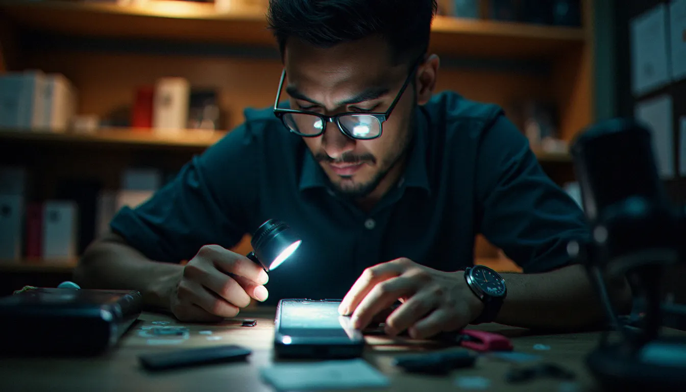 Technicienne vérifiant l'état d'un smartphone reconditionné sous lampe dans une boutique de réparation mobile